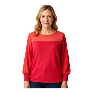 Calvin Klein Womens Sheer Panel Blouse~Size Lrg~Pink Chiffon Contrast Top L9 24